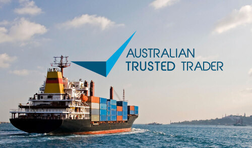 Cargo ship with Australian Trusted Trader Tick overlaying the photo