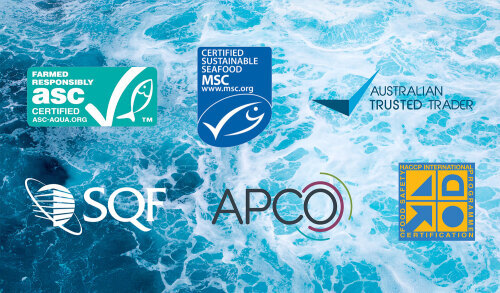 Seafood certification logos – ASC, MSC, APCO, SQF, HACCP, and Australian Trusted Trader – explained by KB Seafood Co.